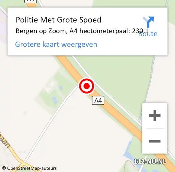 Locatie op kaart van de 112 melding: Politie Met Grote Spoed Naar Bergen op Zoom, A4 hectometerpaal: 230,1 op 6 juni 2022 18:32