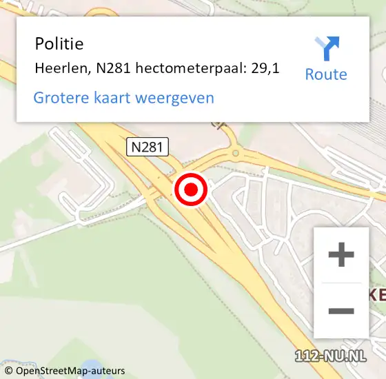 Locatie op kaart van de 112 melding: Politie Heerlen, N281 hectometerpaal: 29,1 op 7 juni 2022 07:41