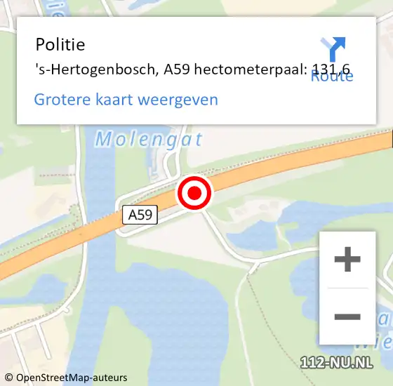 Locatie op kaart van de 112 melding: Politie 's-Hertogenbosch, A59 hectometerpaal: 131,6 op 7 juni 2022 16:15
