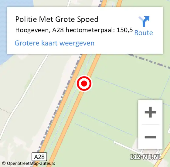 Locatie op kaart van de 112 melding: Politie Met Grote Spoed Naar Hoogeveen, A28 hectometerpaal: 150,5 op 7 juni 2022 19:39