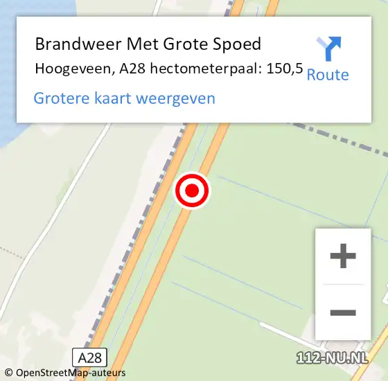 Locatie op kaart van de 112 melding: Brandweer Met Grote Spoed Naar Hoogeveen, A28 hectometerpaal: 150,5 op 7 juni 2022 19:39