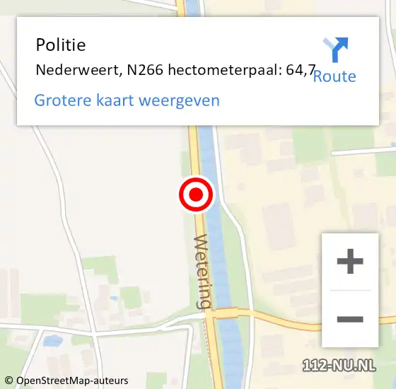 Locatie op kaart van de 112 melding: Politie Nederweert, N266 hectometerpaal: 64,7 op 8 juni 2022 16:40