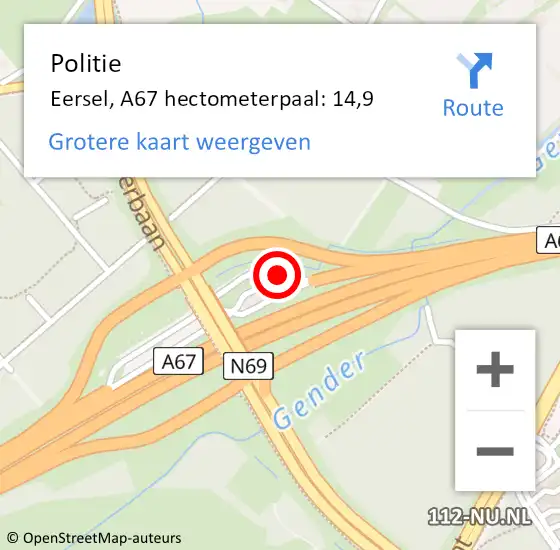 Locatie op kaart van de 112 melding: Politie Eersel, A67 hectometerpaal: 14,9 op 9 juni 2022 09:32