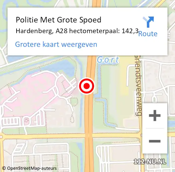 Locatie op kaart van de 112 melding: Politie Met Grote Spoed Naar Hardenberg, A28 hectometerpaal: 142,3 op 9 juni 2022 16:10