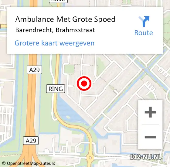 Locatie op kaart van de 112 melding: Ambulance Met Grote Spoed Naar Barendrecht, Brahmsstraat op 9 juni 2022 18:36