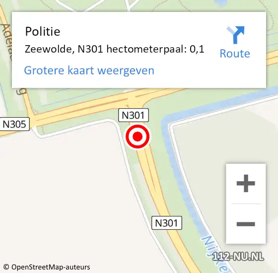 Locatie op kaart van de 112 melding: Politie Zeewolde, N301 hectometerpaal: 0,1 op 9 juni 2022 20:33