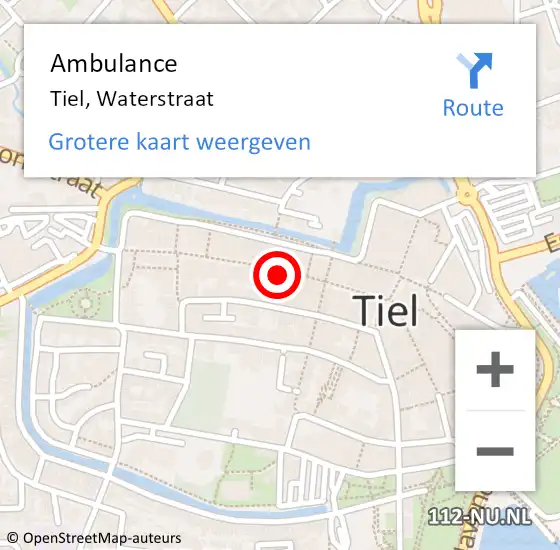 Locatie op kaart van de 112 melding: Ambulance Tiel, Waterstraat op 10 juni 2022 17:16