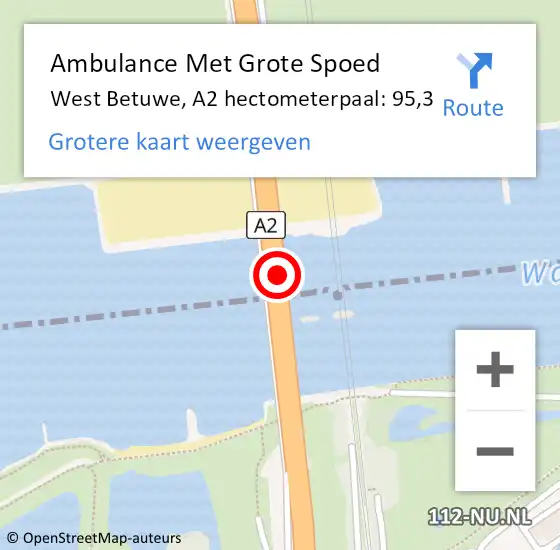 Locatie op kaart van de 112 melding: Ambulance Met Grote Spoed Naar West Betuwe, A2 hectometerpaal: 95,3 op 10 juni 2022 23:01