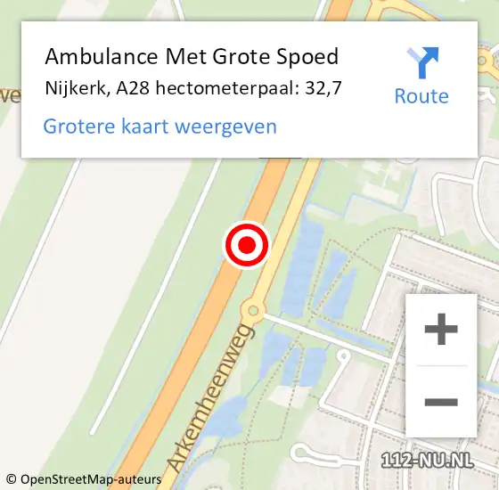 Locatie op kaart van de 112 melding: Ambulance Met Grote Spoed Naar Nijkerk, A28 hectometerpaal: 32,7 op 10 juni 2022 23:10