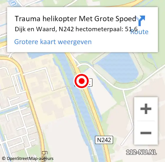 Locatie op kaart van de 112 melding: Trauma helikopter Met Grote Spoed Naar Dijk en Waard, N242 hectometerpaal: 51,6 op 11 juni 2022 06:57