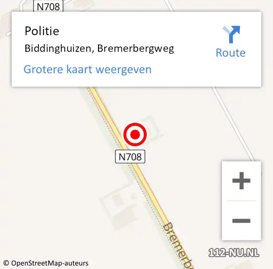 Locatie op kaart van de 112 melding: Politie Biddinghuizen, Bremerbergweg op 11 juni 2022 12:08