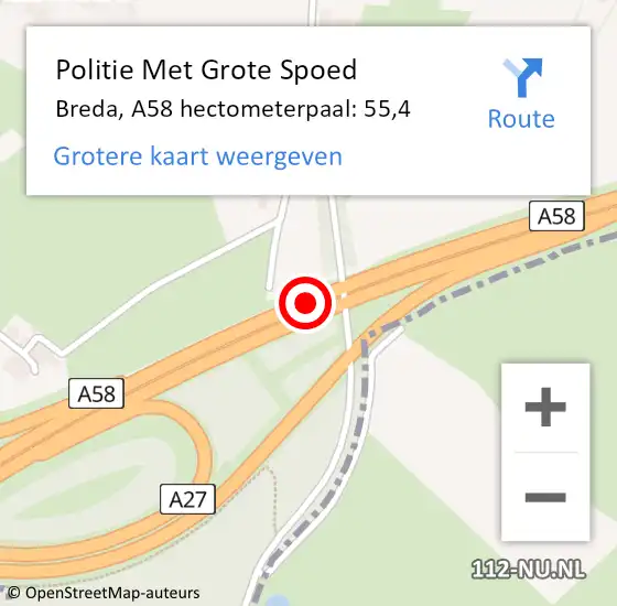 Locatie op kaart van de 112 melding: Politie Met Grote Spoed Naar Breda, A58 hectometerpaal: 55,4 op 11 juni 2022 22:37