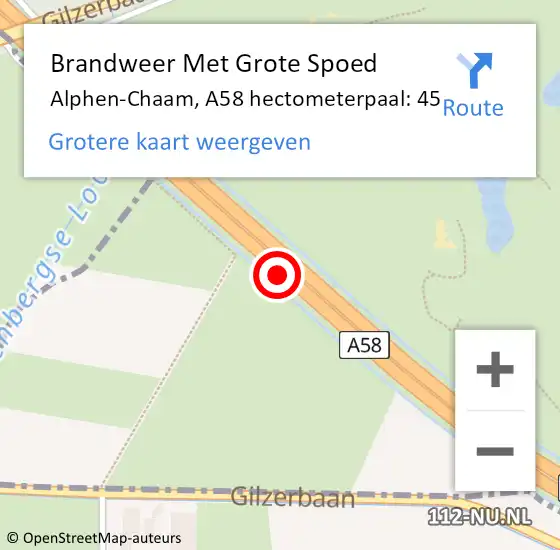 Locatie op kaart van de 112 melding: Brandweer Met Grote Spoed Naar Alphen-Chaam, A58 hectometerpaal: 45 op 12 juni 2022 02:57