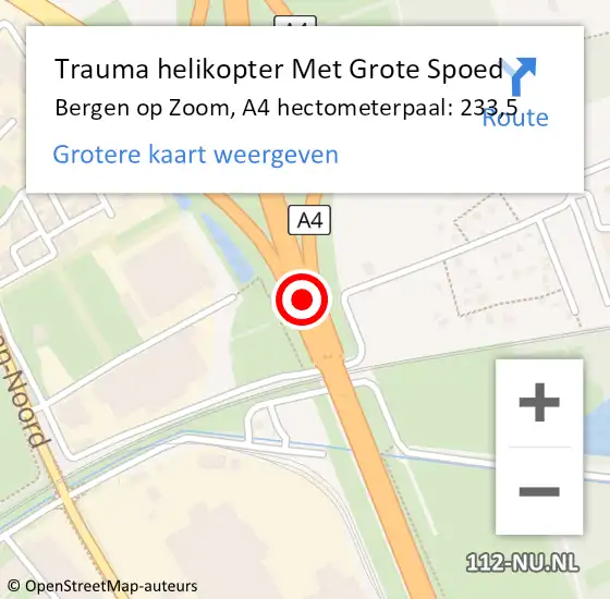 Locatie op kaart van de 112 melding: Trauma helikopter Met Grote Spoed Naar Bergen op Zoom, A4 hectometerpaal: 233,5 op 12 juni 2022 10:57