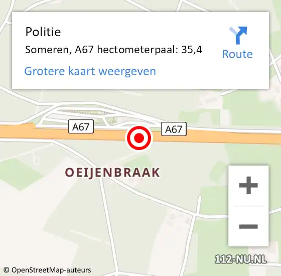 Locatie op kaart van de 112 melding: Politie Someren, A67 hectometerpaal: 35,4 op 12 juni 2022 13:57