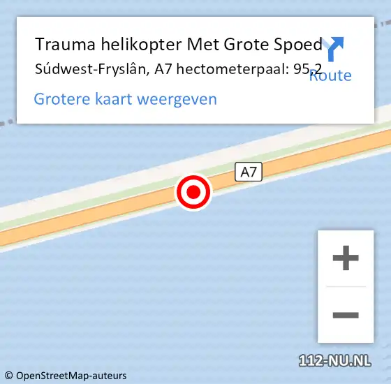 Locatie op kaart van de 112 melding: Trauma helikopter Met Grote Spoed Naar Súdwest-Fryslân, A7 hectometerpaal: 95,2 op 12 juni 2022 16:28
