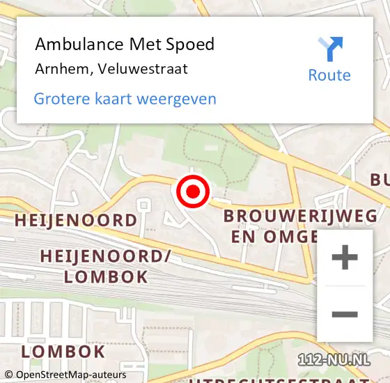 Locatie op kaart van de 112 melding: Ambulance Met Spoed Naar Arnhem, Veluwestraat op 13 juni 2022 10:55