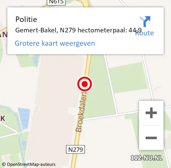 Locatie op kaart van de 112 melding: Politie Gemert-Bakel, N279 hectometerpaal: 44,9 op 13 juni 2022 14:14