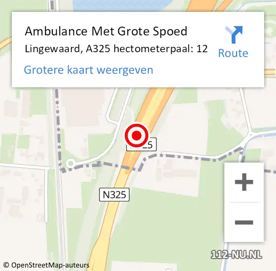 Locatie op kaart van de 112 melding: Ambulance Met Grote Spoed Naar Lingewaard, A325 hectometerpaal: 12 op 13 juni 2022 18:44