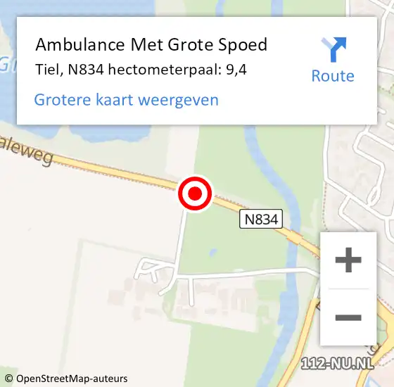 Locatie op kaart van de 112 melding: Ambulance Met Grote Spoed Naar Tiel, N834 hectometerpaal: 9,4 op 13 juni 2022 23:15