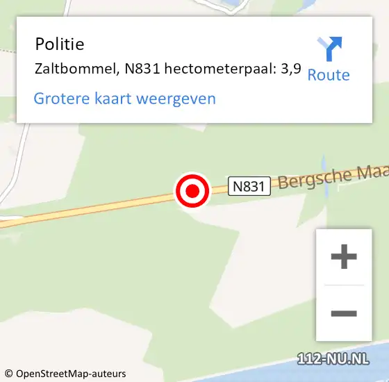 Locatie op kaart van de 112 melding: Politie Zaltbommel, N831 hectometerpaal: 3,9 op 14 juni 2022 08:57