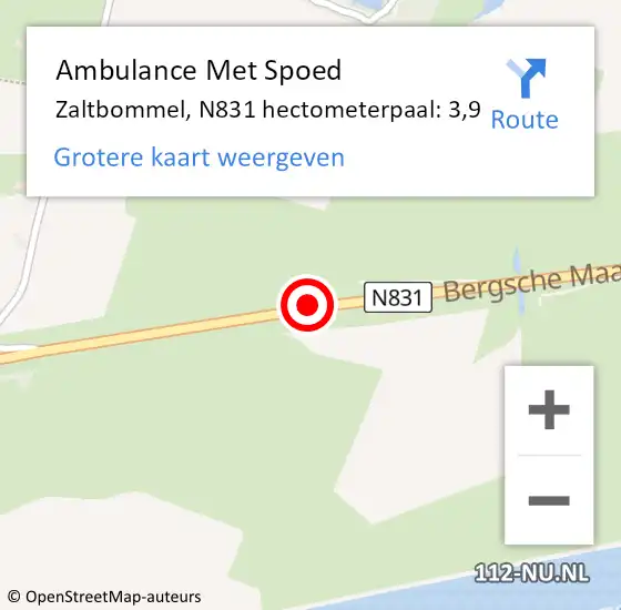 Locatie op kaart van de 112 melding: Ambulance Met Spoed Naar Zaltbommel, N831 hectometerpaal: 3,9 op 14 juni 2022 08:58
