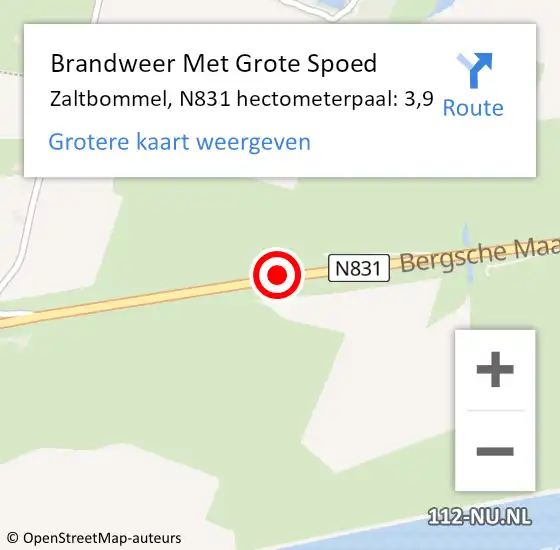 Locatie op kaart van de 112 melding: Brandweer Met Grote Spoed Naar Zaltbommel, N831 hectometerpaal: 3,9 op 14 juni 2022 09:04
