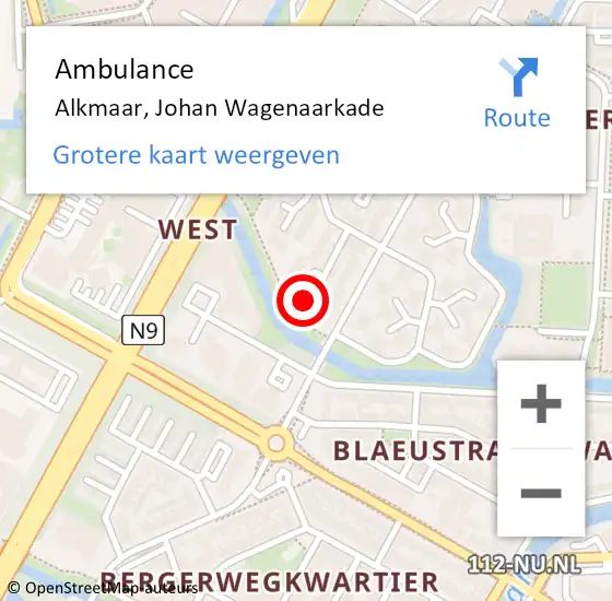 Locatie op kaart van de 112 melding: Ambulance Alkmaar, Johan Wagenaarkade op 14 juni 2022 10:39