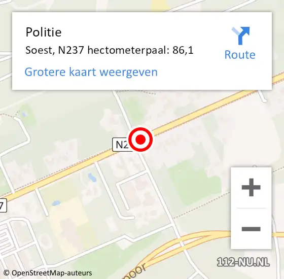 Locatie op kaart van de 112 melding: Politie Soest, N237 hectometerpaal: 86,1 op 14 juni 2022 15:28