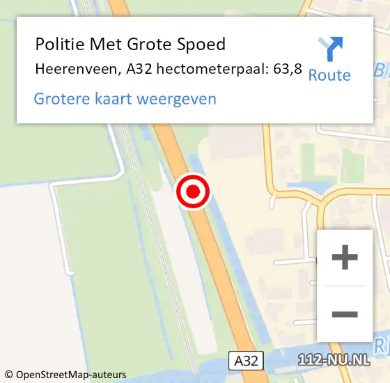Locatie op kaart van de 112 melding: Politie Met Grote Spoed Naar Heerenveen, A32 hectometerpaal: 63,8 op 14 juni 2022 17:22