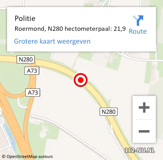 Locatie op kaart van de 112 melding: Politie Roermond, N280 hectometerpaal: 21,9 op 14 juni 2022 17:52