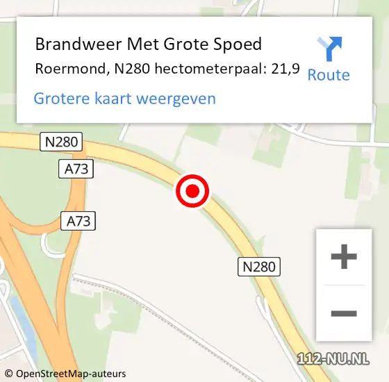 Locatie op kaart van de 112 melding: Brandweer Met Grote Spoed Naar Roermond, N280 hectometerpaal: 21,9 op 14 juni 2022 18:11