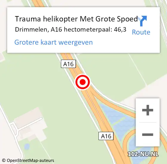 Locatie op kaart van de 112 melding: Trauma helikopter Met Grote Spoed Naar Drimmelen, A16 hectometerpaal: 46,3 op 14 juni 2022 19:58