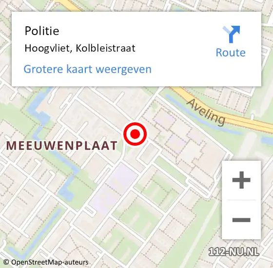 Locatie op kaart van de 112 melding: Politie Hoogvliet, Kolbleistraat op 14 juni 2022 21:32