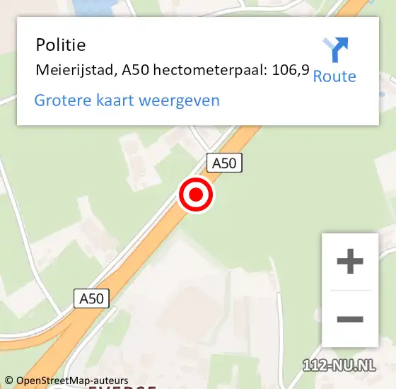 Locatie op kaart van de 112 melding: Politie Sint-Oedenrode, A50 hectometerpaal: 106,9 op 15 juni 2022 02:01