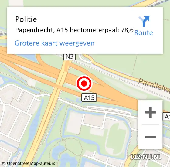 Locatie op kaart van de 112 melding: Politie Papendrecht, A15 hectometerpaal: 78,6 op 15 juni 2022 06:55