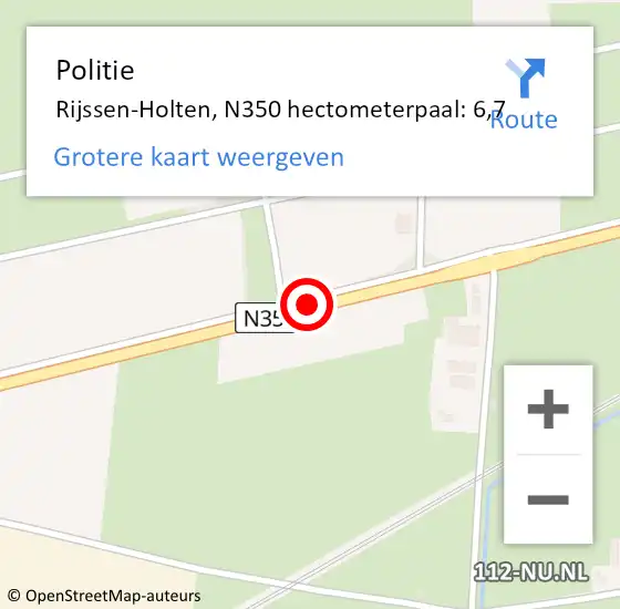 Locatie op kaart van de 112 melding: Politie Rijssen-Holten, N350 hectometerpaal: 6,7 op 15 juni 2022 08:05