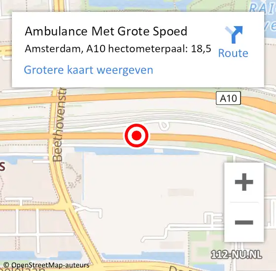 Locatie op kaart van de 112 melding: Ambulance Met Grote Spoed Naar Amsterdam, A10 hectometerpaal: 18,5 op 15 juni 2022 09:06