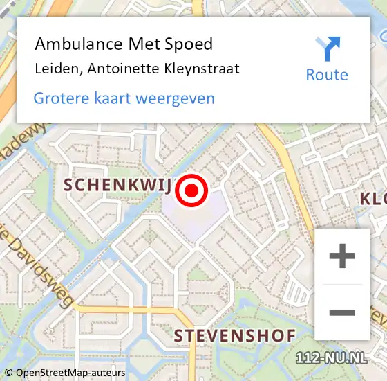 Locatie op kaart van de 112 melding: Ambulance Met Spoed Naar Leiden, Antoinette Kleynstraat op 15 juni 2022 18:47