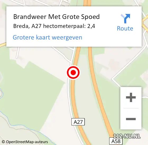 Locatie op kaart van de 112 melding: Brandweer Met Grote Spoed Naar Breda, A27 hectometerpaal: 2,4 op 16 juni 2022 06:46