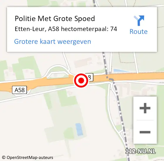 Locatie op kaart van de 112 melding: Politie Met Grote Spoed Naar Breda, A58 hectometerpaal: 74 op 16 juni 2022 08:41