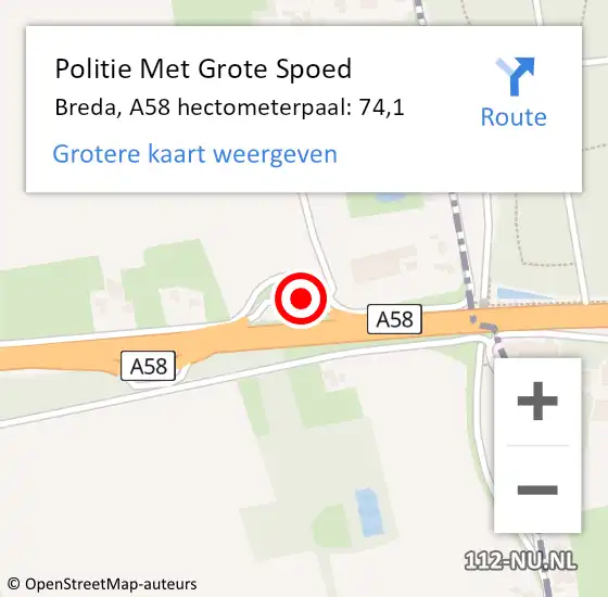 Locatie op kaart van de 112 melding: Politie Met Grote Spoed Naar Breda, A58 hectometerpaal: 74,1 op 16 juni 2022 08:46