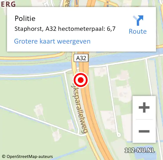 Locatie op kaart van de 112 melding: Politie Staphorst, A32 hectometerpaal: 6,7 op 16 juni 2022 10:39