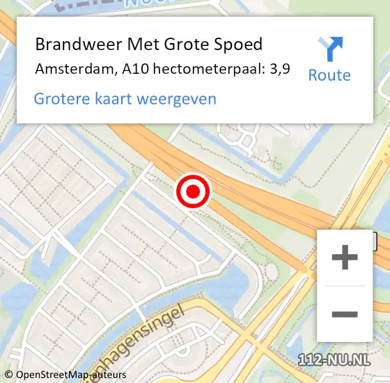 Locatie op kaart van de 112 melding: Brandweer Met Grote Spoed Naar Amsterdam, A10 hectometerpaal: 3,9 op 16 juni 2022 12:02