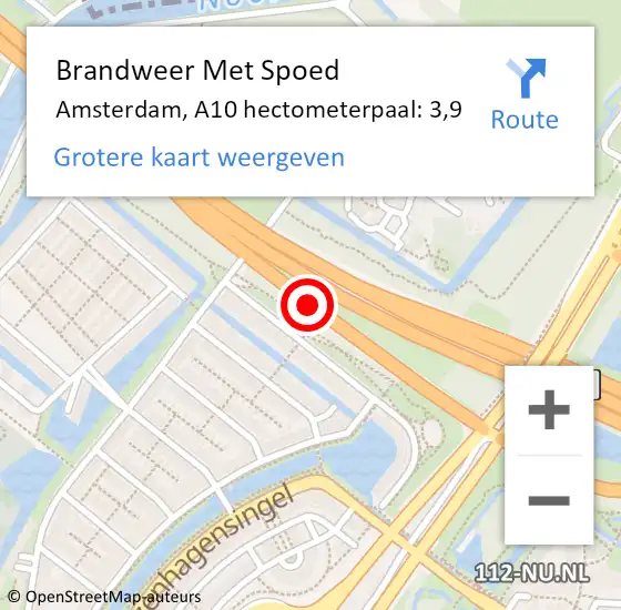 Locatie op kaart van de 112 melding: Brandweer Met Spoed Naar Amsterdam, A10 hectometerpaal: 3,9 op 16 juni 2022 13:33