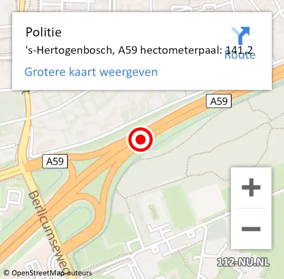 Locatie op kaart van de 112 melding: Politie 's-Hertogenbosch, A59 hectometerpaal: 141,2 op 16 juni 2022 15:43