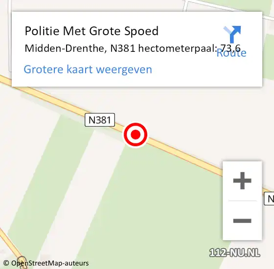 Locatie op kaart van de 112 melding: Politie Met Grote Spoed Naar Midden-Drenthe, N381 hectometerpaal: 73,6 op 16 juni 2022 16:06