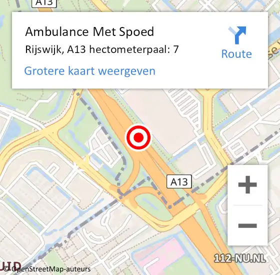 Locatie op kaart van de 112 melding: Ambulance Met Spoed Naar Rijswijk, A13 hectometerpaal: 7 op 17 juni 2022 06:00