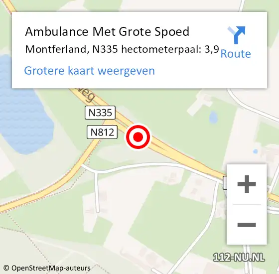 Locatie op kaart van de 112 melding: Ambulance Met Grote Spoed Naar Montferland, N335 hectometerpaal: 3,9 op 17 juni 2022 07:04