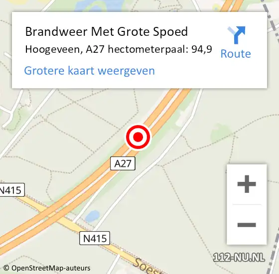 Locatie op kaart van de 112 melding: Brandweer Met Grote Spoed Naar Hoogeveen, A27 hectometerpaal: 94,9 op 17 juni 2022 07:04